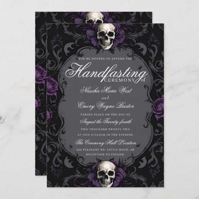 Dark Purple Gothic Boho Floral Skull Handfasting Inbjudningar (Fram/baksida)
