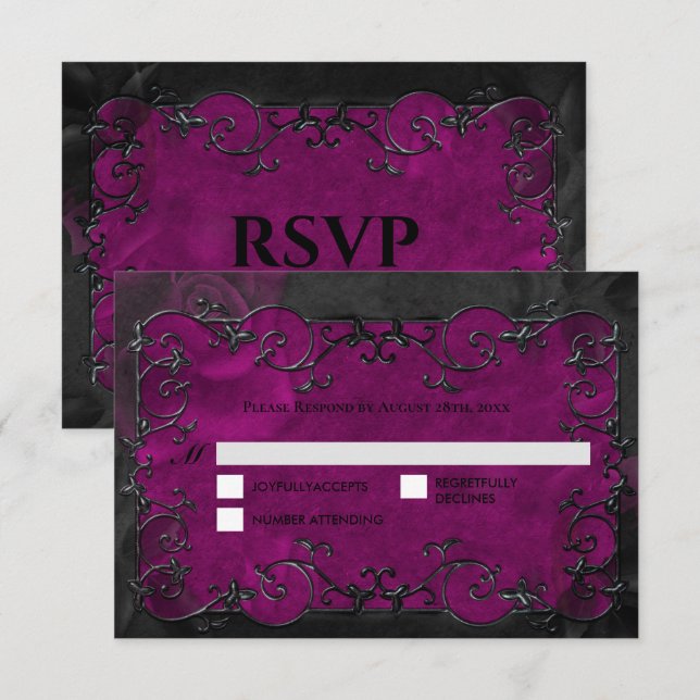 Dark purple Gothic Halloween Wedding RSVP OSA Kort (Fram/baksida)