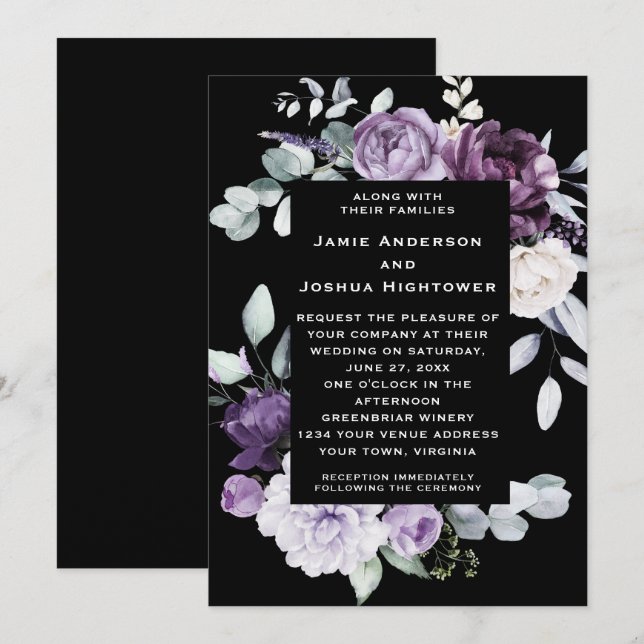 Dark Purple, Lavender, White Floral Black Wedding Inbjudningar (Fram/baksida)