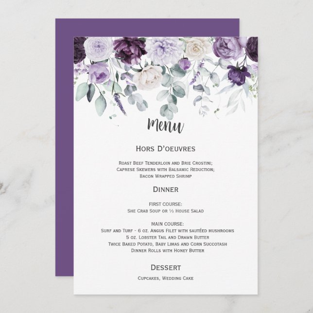 Dark Purple, Lavender, White Wedding Menu Inbjudningar (Fram/baksida)