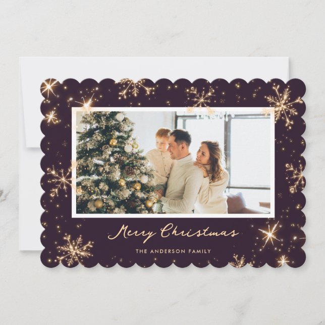 Dark Purple Modern Snowflake Photo Christmas Card Julkort (Framsida)
