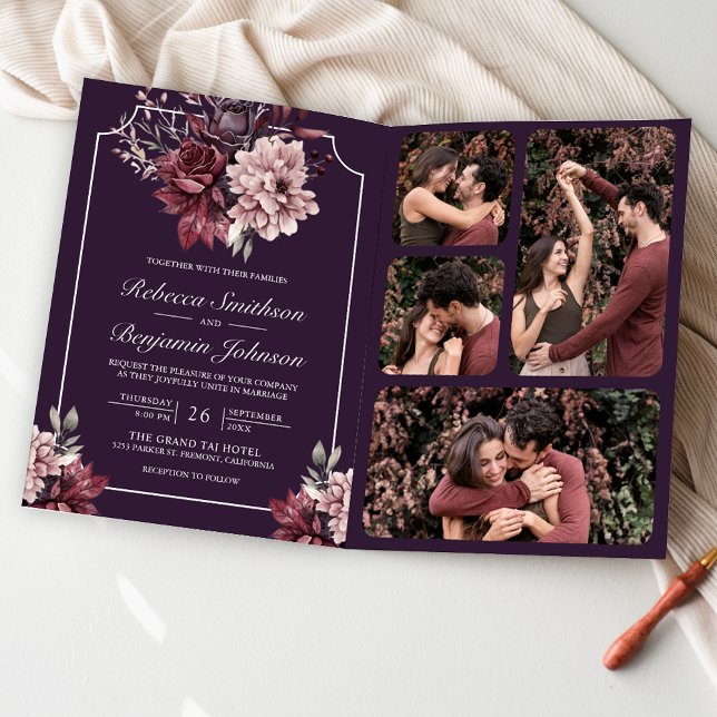 Dark Purple Moody Floral Frame QR Code Wedding Inbjudan (Skapare uppladdad)