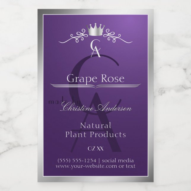 Dark Purple Product Label Silver Frame Monogram Mat Etikett (Singel etikett)