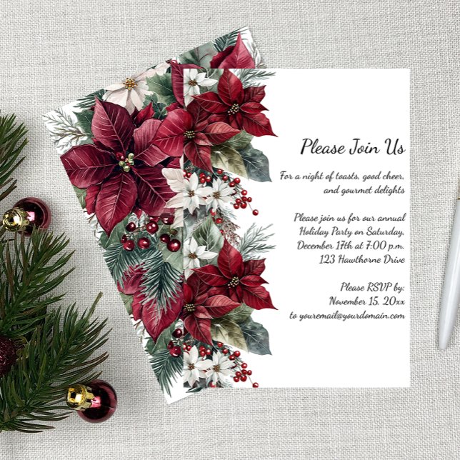 Dark Red and White Poinsettia Christmas Party | Inbjudningar (Skapare uppladdad)