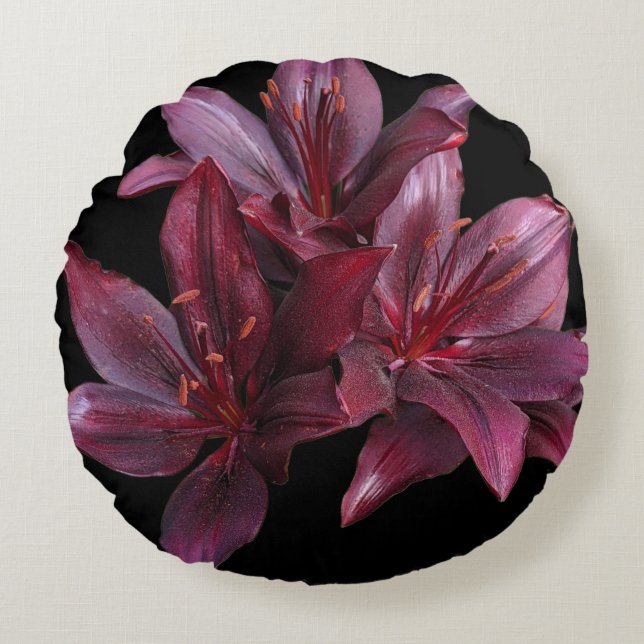 Dark Red Asiatic Lilies on Black Floral Rund Kudde (Framsidan)