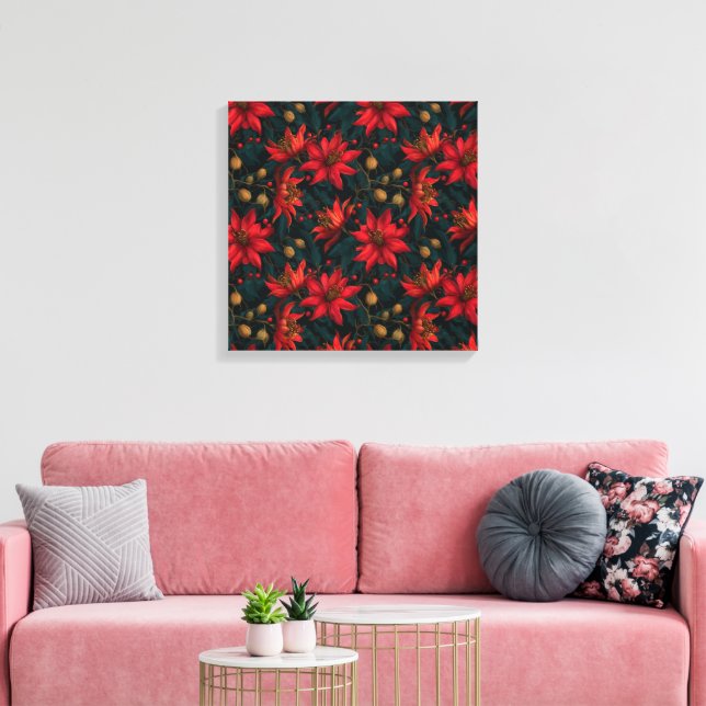 Dark Red Christmas Floral Pattern Canvastryck (Insitu (Vardagsrum))