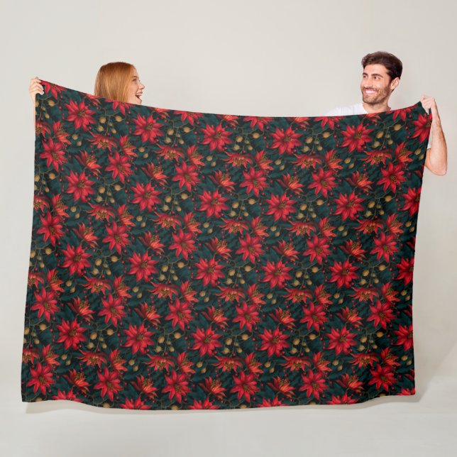Dark Red Christmas Floral Pattern Fleecefilt (På plats)