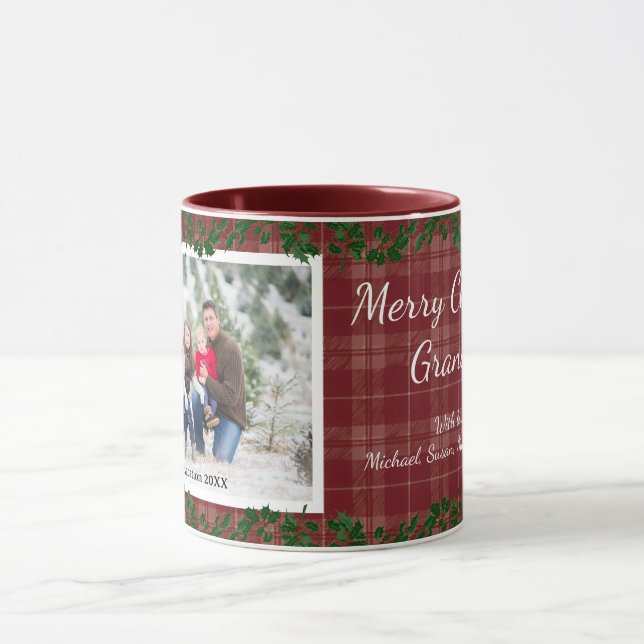 Dark Red Country Christmas Plaid Holiday Photo Mug Mugg (Center)