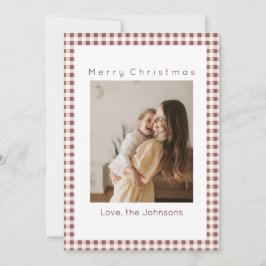 Dark Red Gingham Plaid Custom Photo Christmas Julkort