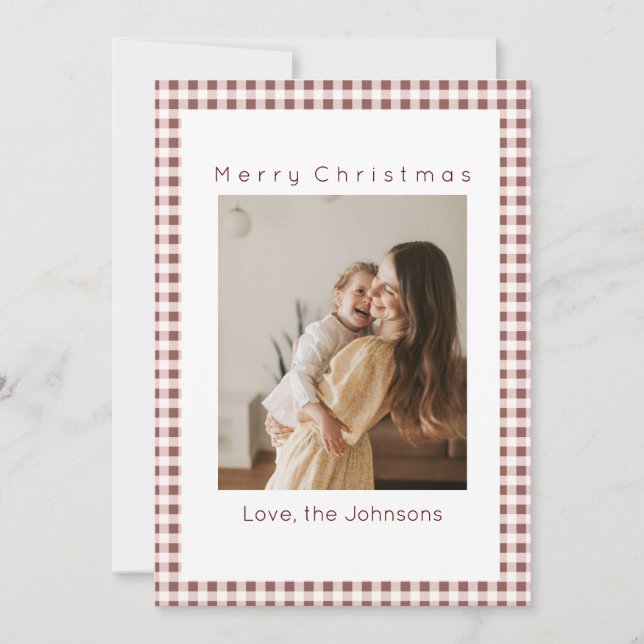 Dark Red Gingham Plaid Custom Photo Christmas Julkort (Framsida)