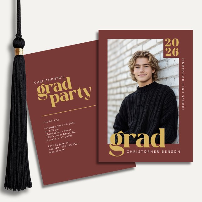 Dark Red Gold Modern Photo Graduation Party Inbjudningar (Skapare uppladdad)