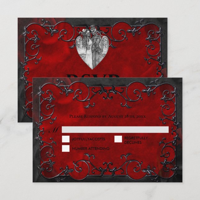 Dark red Gothic Halloween Wedding RSVP Card OSA Kort (Fram/baksida)