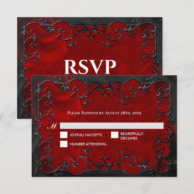 Dark red Gothic Halloween Wedding RSVP Card OSA Kort (Fram/baksida)