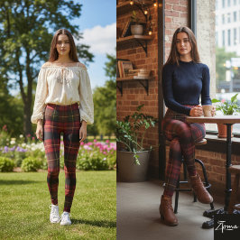 Dark Red Square Tartan Christmas Plaid Leggings