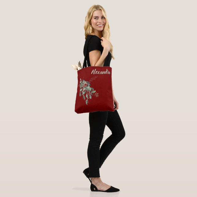 Dark Red with Watercolor Leaves & Berries Named  Tygkasse (På modell)