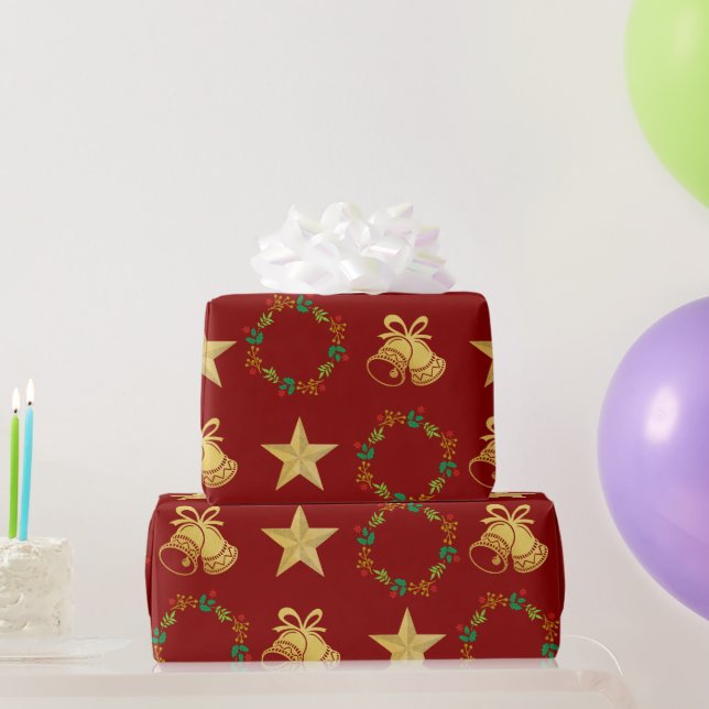 Dark Red Wrapping Paper w Gold Bells, Stars Wreath Presentpapper (Festgåvor)