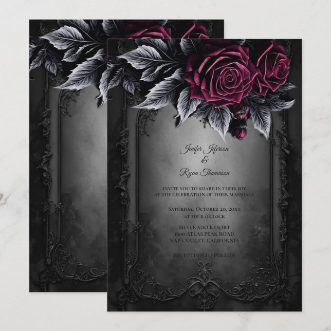 Dark Romantic Floral Gothic wedding invitation Inbjudningar (Fram/baksida)