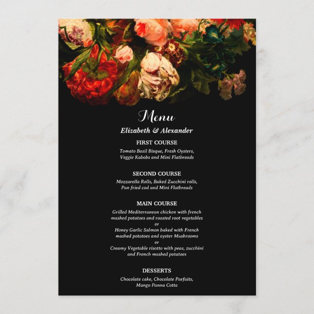 Dark romantic moody elegant floral wedding meny (Framsida)