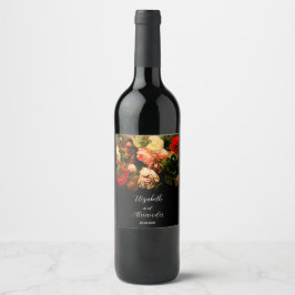 Dark romantic moody elegant floral wedding vinflaska etikett