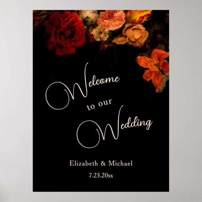 Dark Romantic Painted Flowers Wedding Welcome Poster (Framsidan)