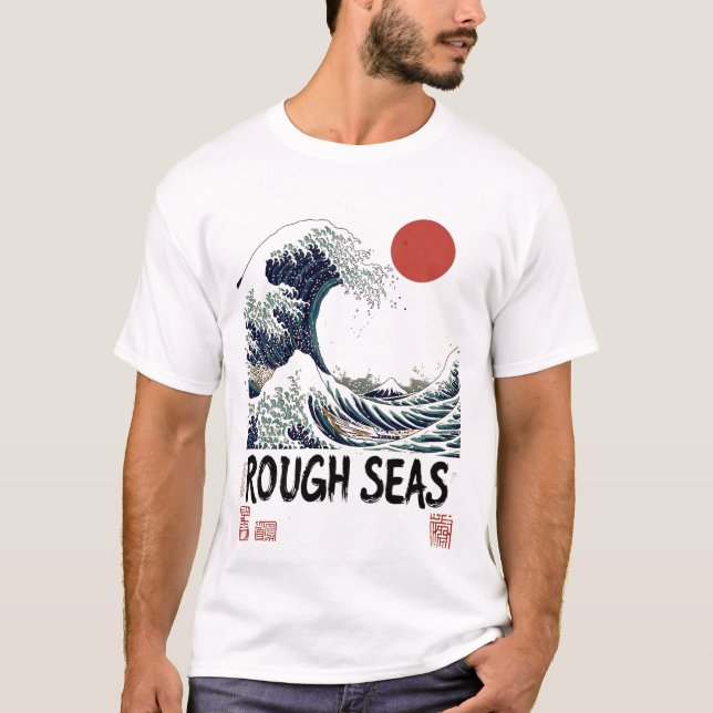Dark "Rough Seas" Japanese Great Wave T Shirt (Framsida)
