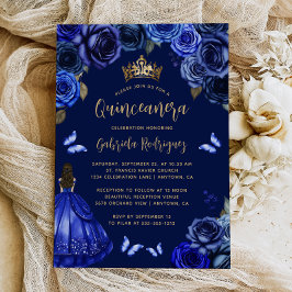 Dark Royal Blue Floral Princess Quinceañera Inbjudningar