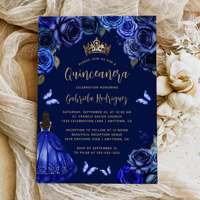 Dark Royal Blue Floral Princess Quinceañera Inbjudningar (Skapare uppladdad)