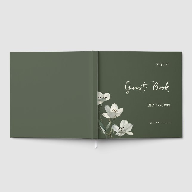 Dark Sage Green Botanical Wedding Gästböcker (Full)