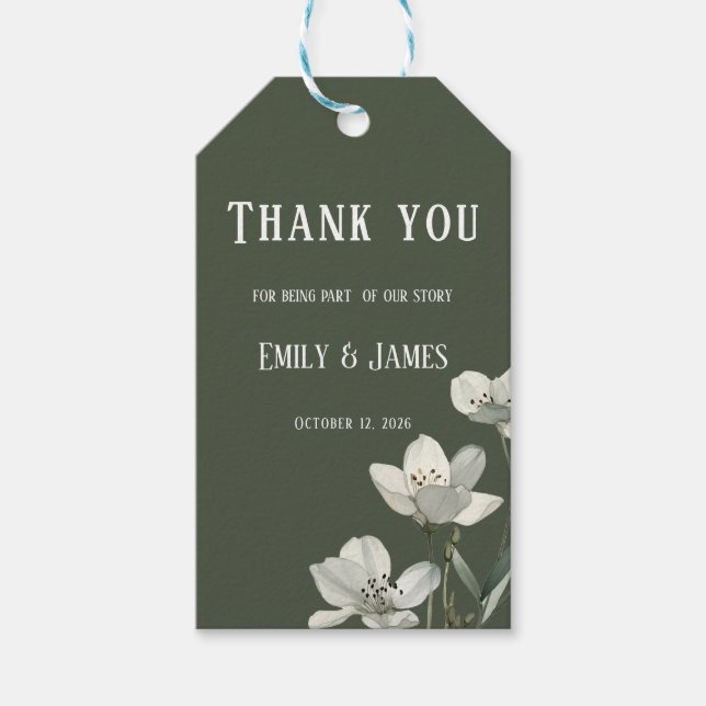 Dark Sage Green Botanical Wedding Presentetikett (Framsidan)