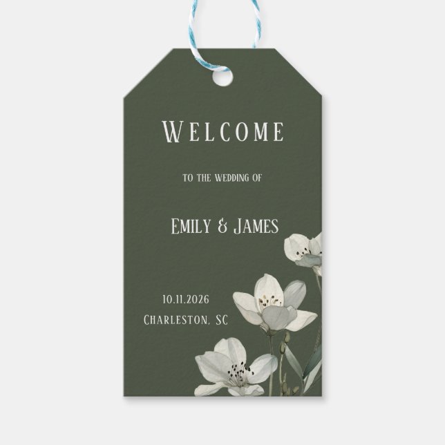 Dark Sage Green Botanical Wedding Presentetikett (Framsidan)