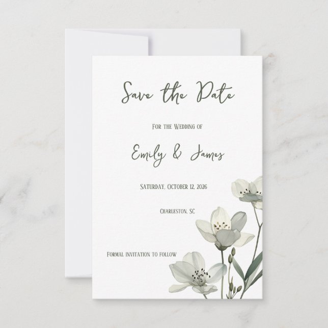 Dark Sage Green Botanical Wedding Spara Datumet (Framsida)