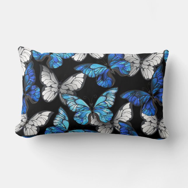 Dark Seamless Pattern with Blue Butterflies Morpho Lumbarkudde (Framsida)
