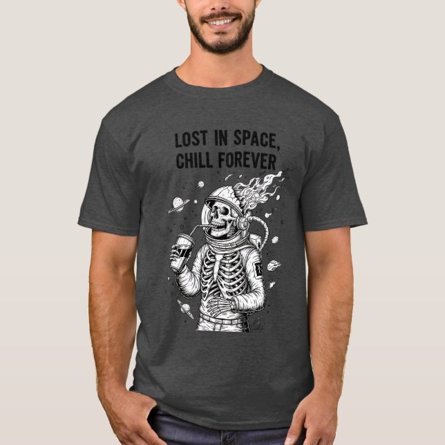 Dark Skeleton Astronaut in Space Drinking  T Shirt (Framsida)