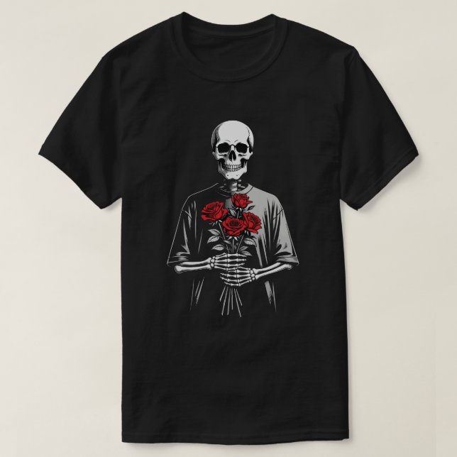 Dark Skeleton with Red Roses Bouquet Gothic Aesthe T Shirt (Design framsida)