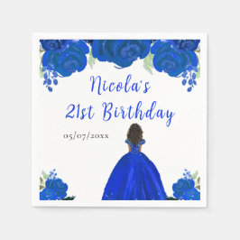 Dark Skin Princess Blue Floral Birthday Party Pappersservett