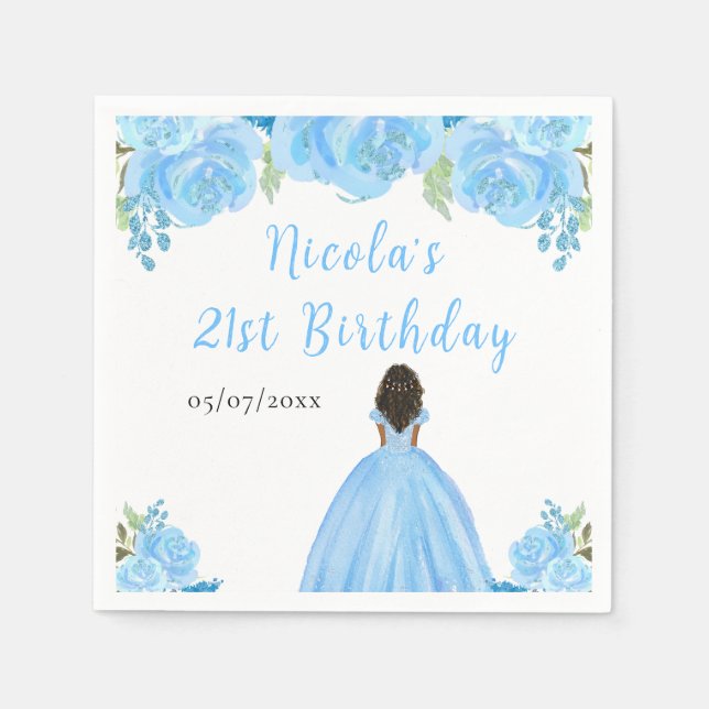 Dark Skin Princess Blue Floral Birthday Party Pappersservett (Framsidan)