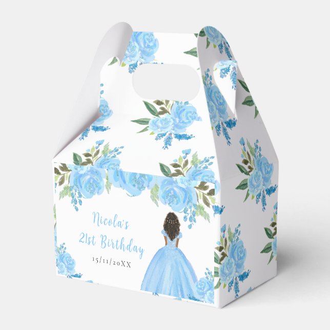Dark Skin Princess Blue Floral Birthday Party Presentaskar (Framsidan Sidan)