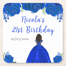 Dark Skin Princess Blue Floral Birthday Party Underlägg Papper Kvadrat