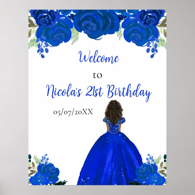 Dark Skin Princess Blue Floral Birthday Welcome Poster (Framsidan)