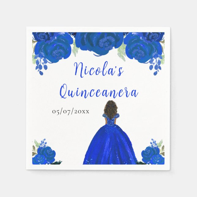 Dark Skin Princess Blue Floral Quinceanera Pappersservett (Framsidan)