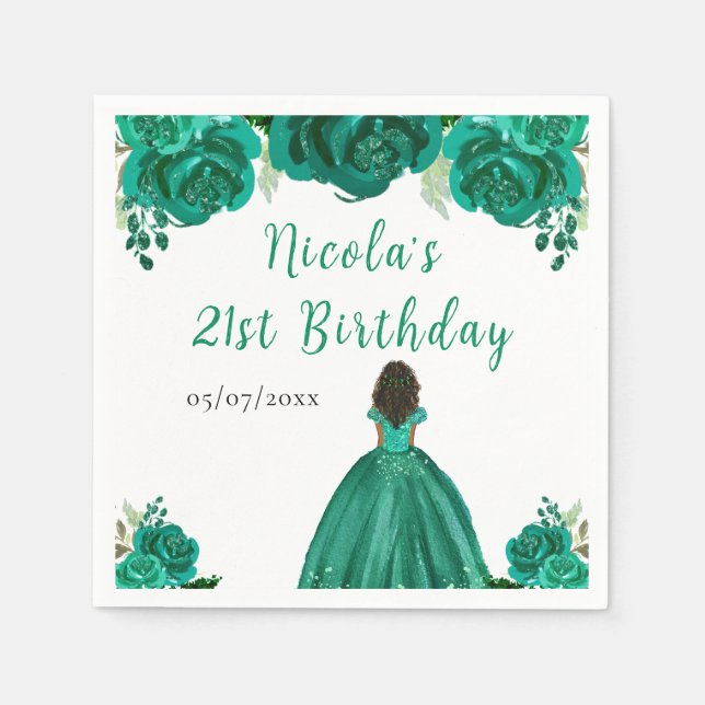 Dark Skin Princess Green Floral Birthday Party Pappersservett (Framsidan)
