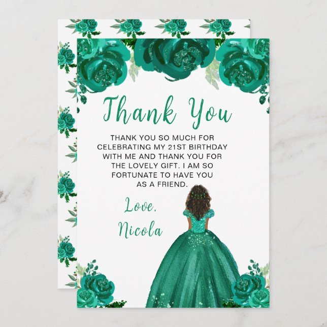 Dark Skin Princess Green Floral Birthday Party Tack Kort (Fram/baksida)