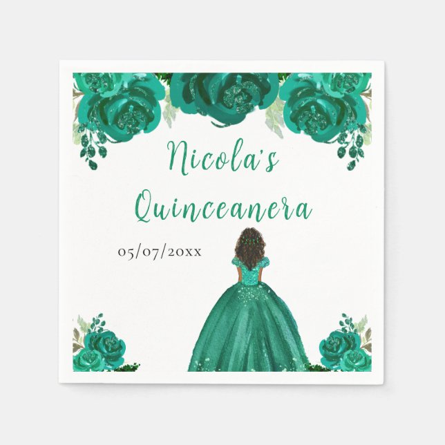 Dark Skin Princess Green Floral Quinceanera Pappersservett (Framsidan)