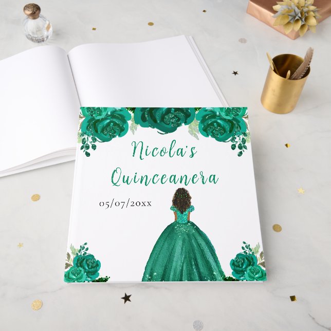 Dark Skin Princess Green Quinceanera Guest Book Gästböcker (Framsidan öppen)