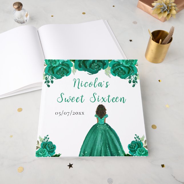 Dark Skin Princess Green Sweet Sixteen Guest Book Gästböcker (Framsidan öppen)