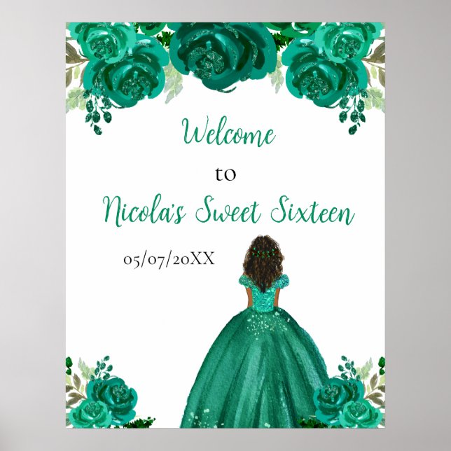 Dark Skin Princess Green Sweet Sixteen Welcome Poster (Framsidan)