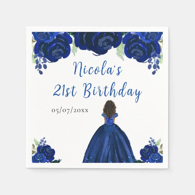 Dark Skin Princess Navy Floral Birthday Party Pappersservett (Framsidan)
