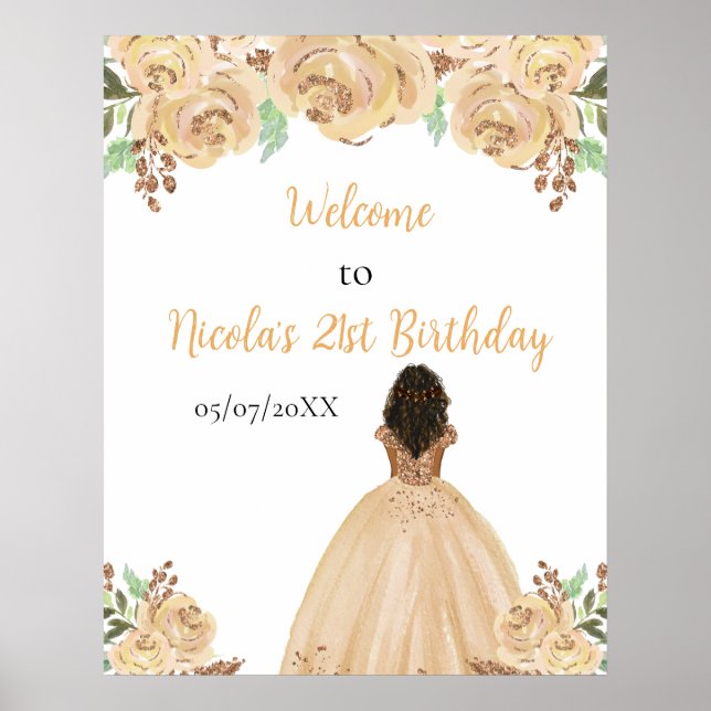 Dark Skin Princess Peach Floral Birthday Welcome Poster (Framsidan)
