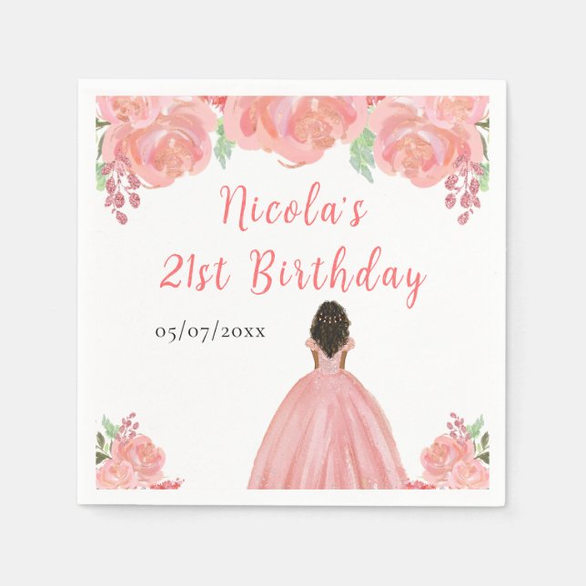 Dark Skin Princess Pink Floral Birthday Party Pappersservett (Framsidan)