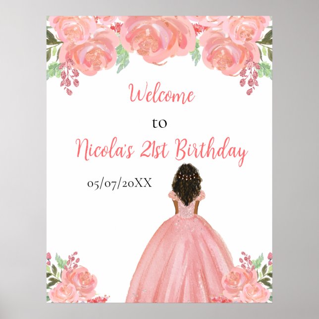 Dark Skin Princess Pink Floral Birthday Welcome Poster (Framsidan)